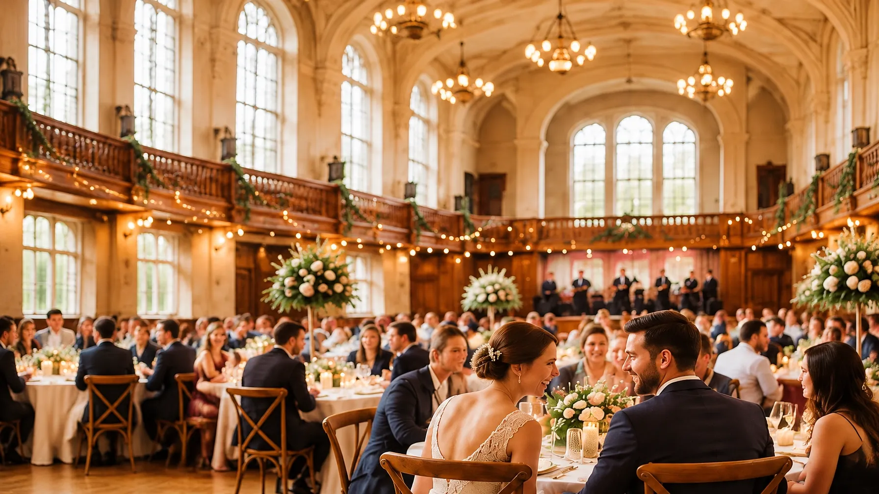 Wedding guests gathered beneath the chandeliers of a historic hall